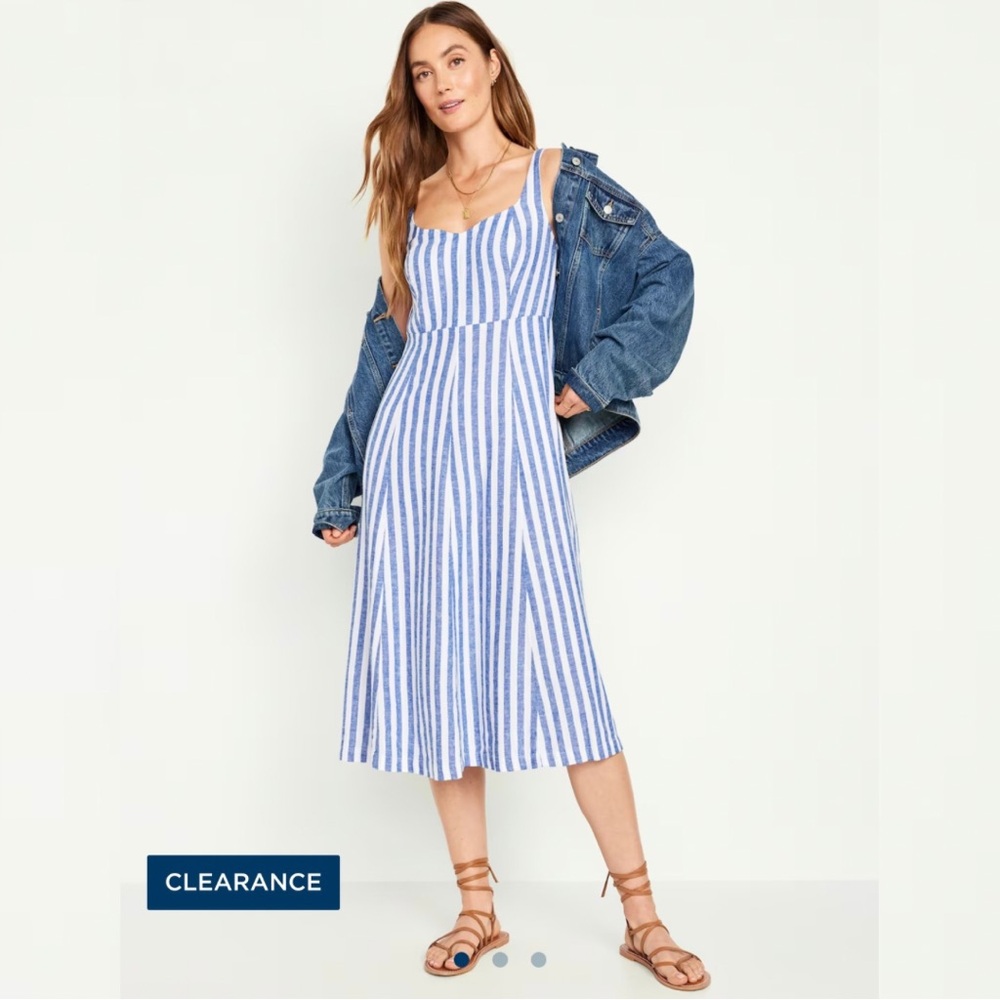 NWOT Fit & Flare Linen-Blend Midi Dress Blue Stripe Old Navy | Women’s XS
